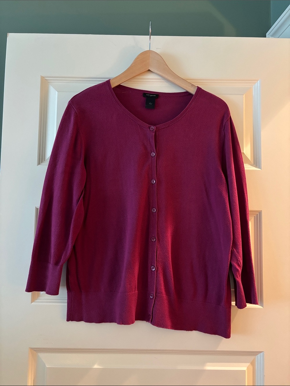 Ann Taylor Berry-Magenta Button-Front Crewneck Cardigan